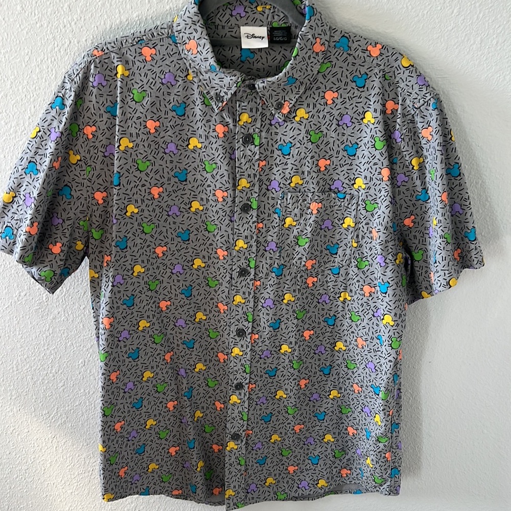 Rare VTG WALT DISNEY World Mickey Mouse All Over Button Front Camp Shirt 90s L